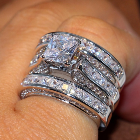 *NEW 925 Silver Diamond 3PC Wedding Ring Set - Picture 2 of 3